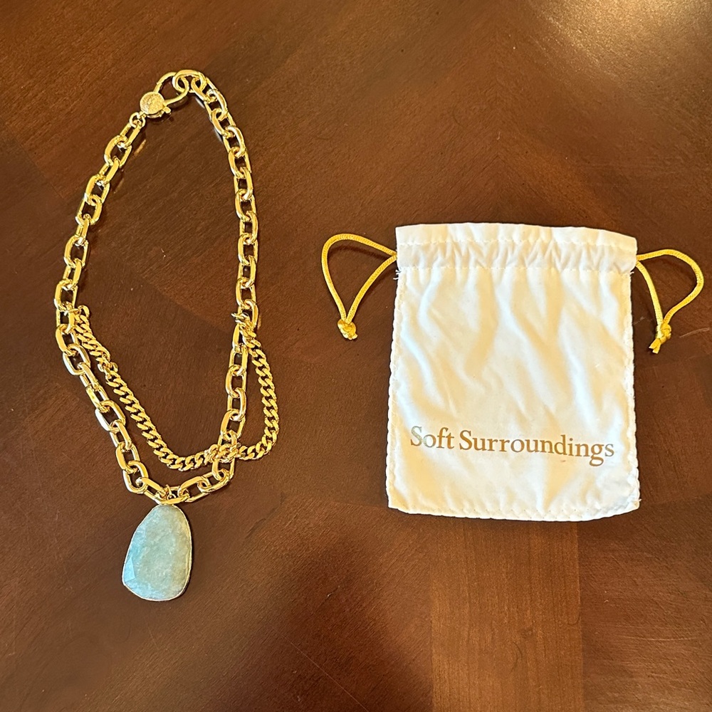 Soft Surroundings Gold-Link Necklace with Aqua/Teal Pendant